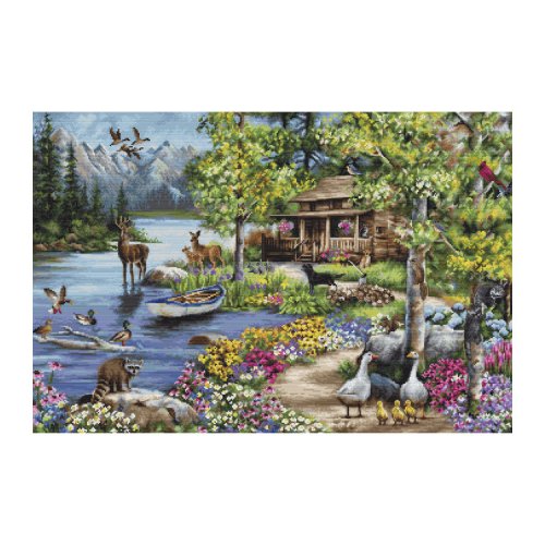 (image for) Gold Collection Cabin By The Lake Counted Cross Stitch Kit